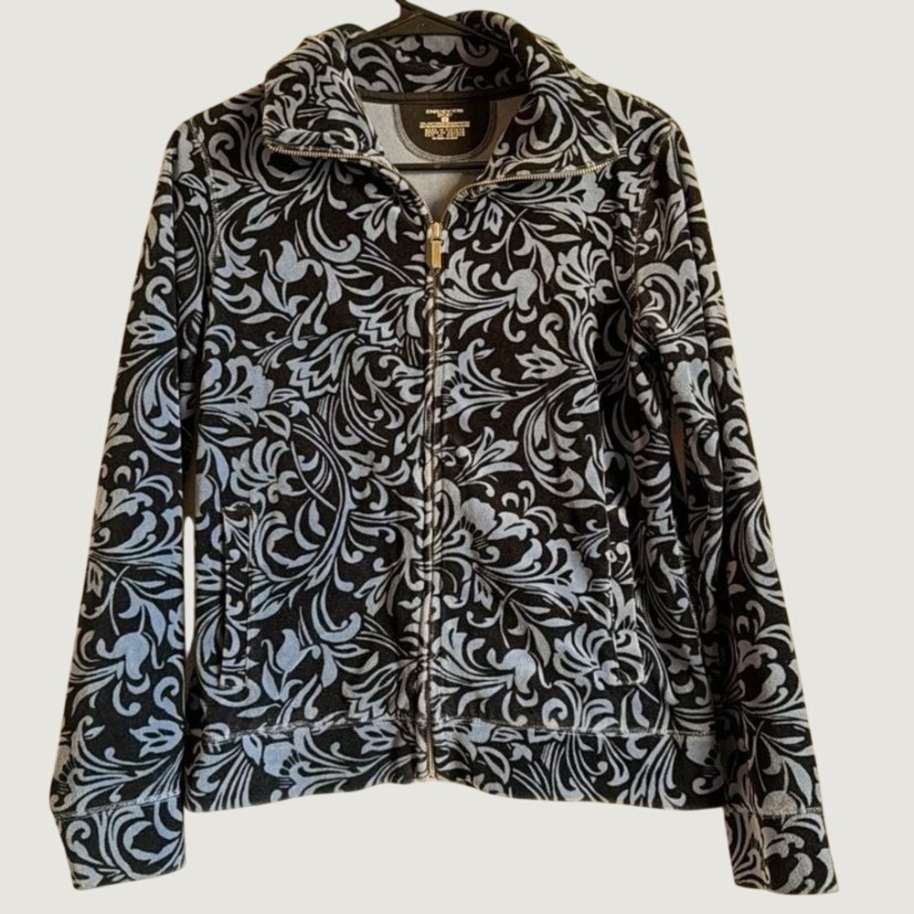 Jones New York‎ Sport Zip Jacket Small Damask Floral Cotton Blend Black Blue